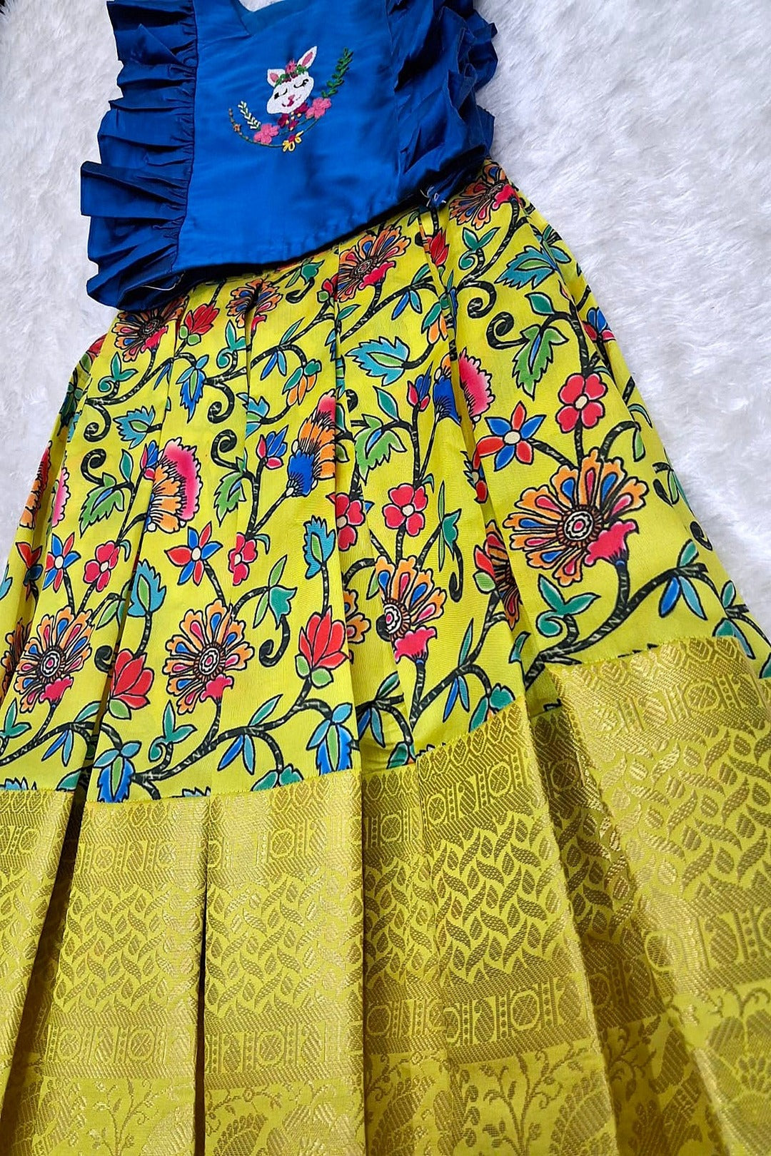 Girls Floral Printed Skirt & Embroidered Ruffle Top Set – Blue & Yellow